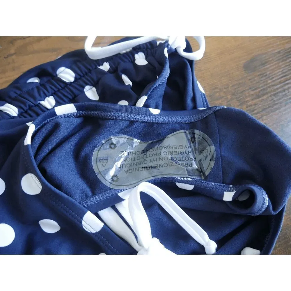 Unique Vintage Navy & White Polka Dot High-Waisted Side Ties Swim Bottoms – S